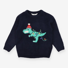 Jumper navy blue green dino festive lights