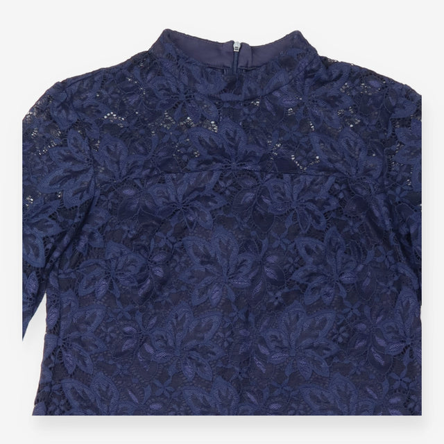 Navy Blue Floral Lace High Neck Top