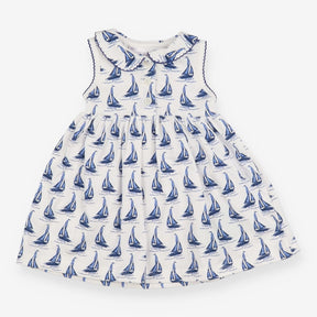 Dress sleeveless white blue sail ships