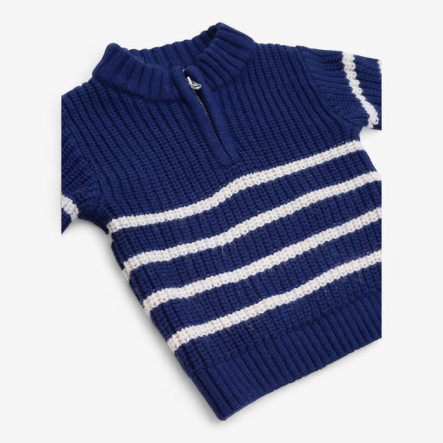 Sweater Blue knit with white stripes & half zip