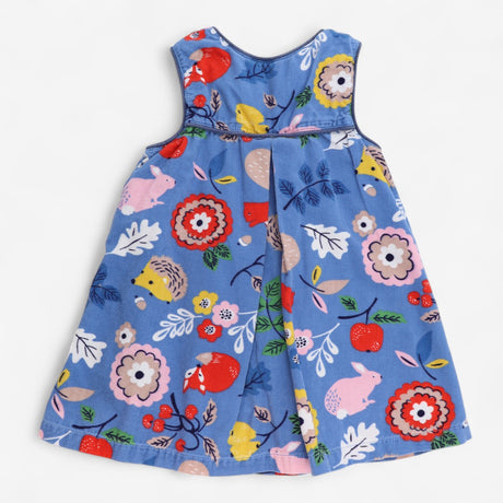 Cord pinafore dress blue woodland creatures and fl