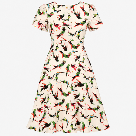 Ivory Silk Tropical Bird Print V Neck Wrap Midi Dr