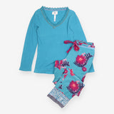 Pyjamas Teal Floral Lace Trim Long Sleeve Top Trou