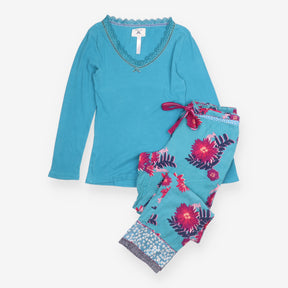 Pyjamas Teal Floral Lace Trim Long Sleeve Top Trou