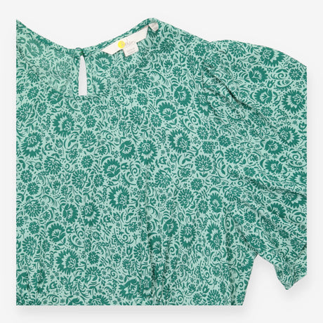 Green Floral Flutter Sleeve Top with Gathered Wais