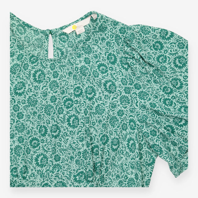 Green Floral Flutter Sleeve Top with Gathered Wais