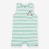 Romper Sleeveless Teal Stripe Happy Shark Pocket