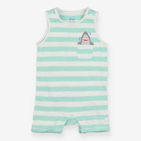 Romper Sleeveless Teal Stripe Happy Shark Pocket