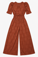 Terracotta Rust Floral Jacquard Puff Sleeve Jumpsu