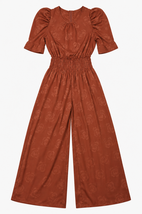 Terracotta Rust Floral Jacquard Puff Sleeve Jumpsu