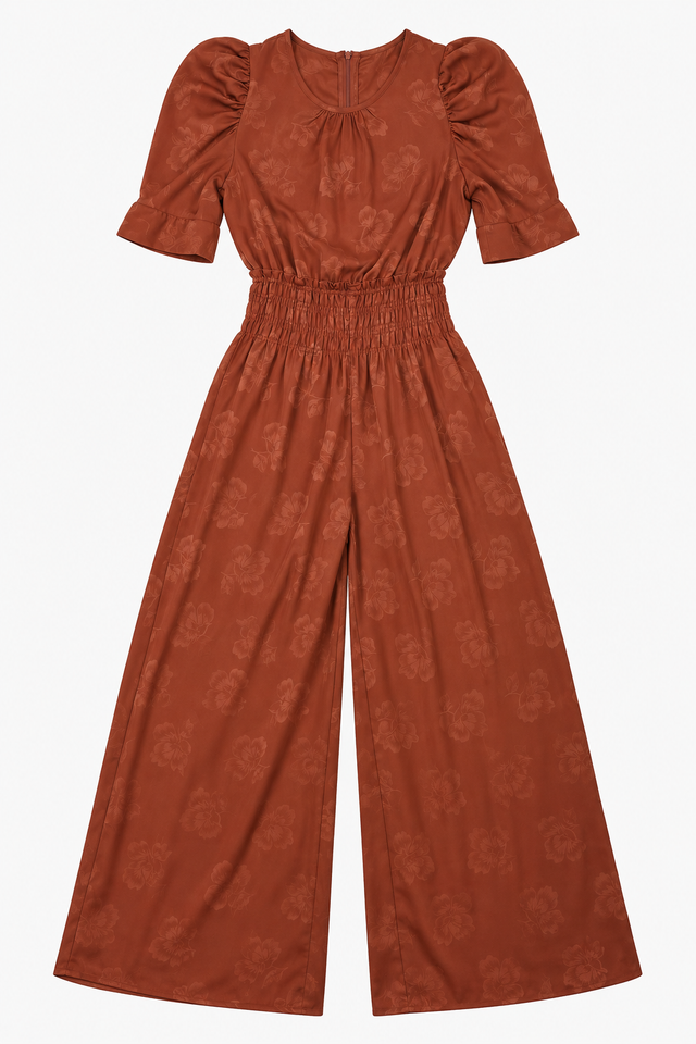 Terracotta Rust Floral Jacquard Puff Sleeve Jumpsu