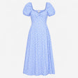 Midi Dress Blue White Floral Print Puff Sleeve Swe