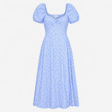 Midi Dress Blue White Floral Print Puff Sleeve Swe