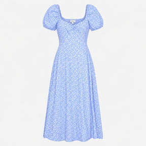 Midi Dress Blue White Floral Print Puff Sleeve Swe