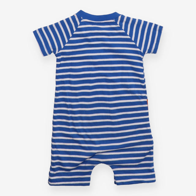 Blue and white stripe romper orange dino