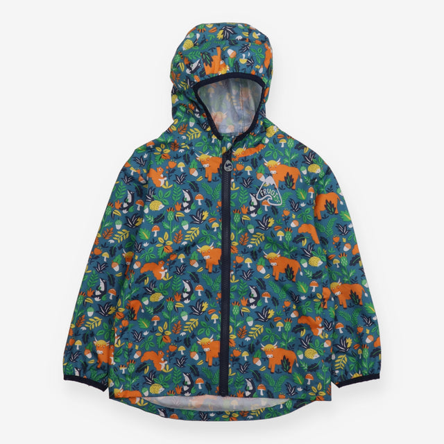 Teal woodland animal waterproof jacket