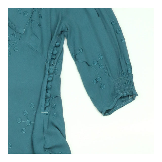 Midi Dress Teal Blue Embroidered Tie Neck Long Sle