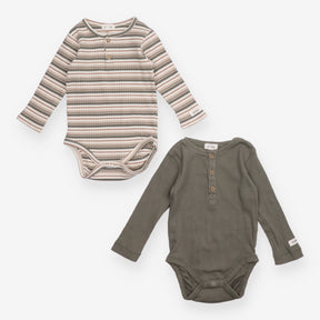 Bodysuits Long Sleeve Ribbed Khaki and Striped 2-P