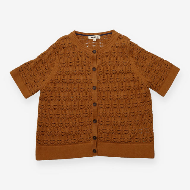 Short Sleeve Crochet Pointelle Cardigan Brown Cott