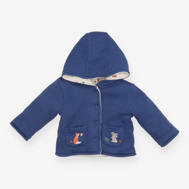 Reversible hooded cardigan blue and white with fox