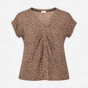 Top Brown Leopard Print Studded Neck Short Sleeve