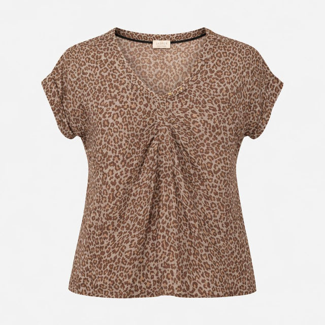 Top Brown Leopard Print Studded Neck Short Sleeve
