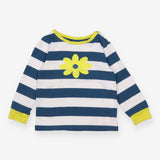 Tee LS blue white stripe yellow flower