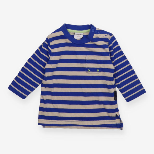 Blue and beige striped t-shirt green holes