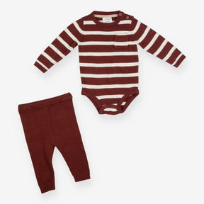 Outfit knit brown cream stripe bodysuit leggings