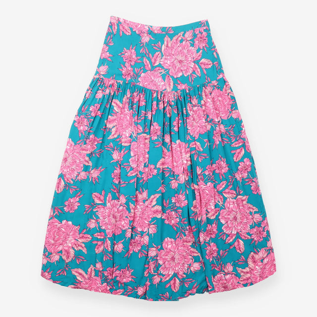 Midi Skirt Teal Pink Floral Tiered Side Split