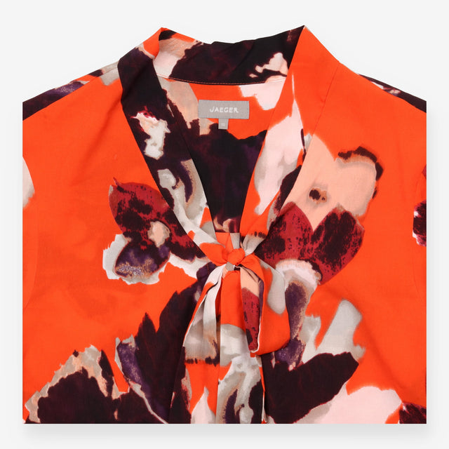 Jaeger Red Floral Tie Neck Long Sleeve Blouse