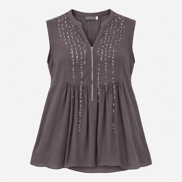 Top Charcoal Grey Sequin Embellished Zip Front Sle