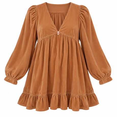Mini Dress Velvet Babydoll Camel