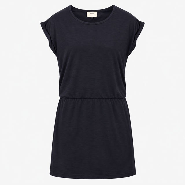 Midi Dress Slouchy Scoop Neck Short Sleeve Navy