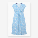 Dress Light Blue White Leaf Print V-Neck Short Sle