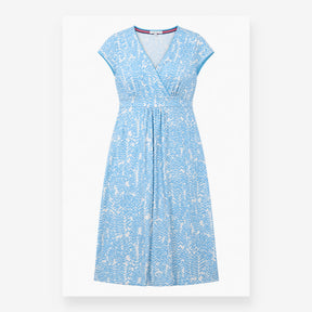 Dress Light Blue White Leaf Print V-Neck Short Sle