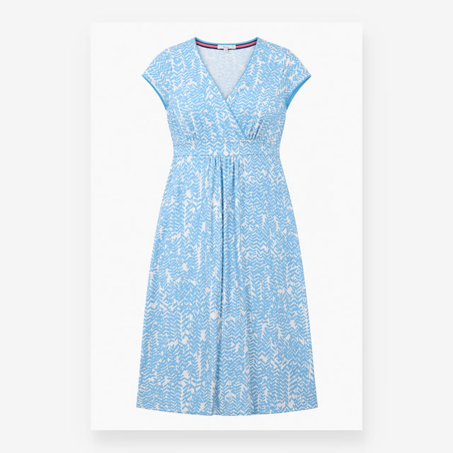 Dress Light Blue White Leaf Print V-Neck Short Sle
