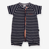 Romper navy blue white stripe orange zip