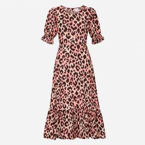 Midi Tiered Dress Black with Pink Leopard Print & 