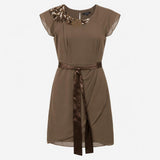 Dress Short Sleeve Embellished Sequin Pleated Taup