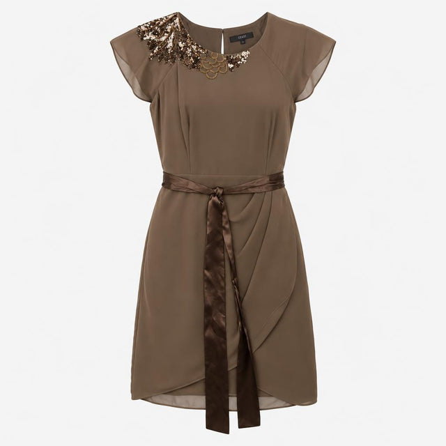 Dress Short Sleeve Embellished Sequin Pleated Taup