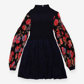 Knit Shine Ribbed Dress with Rose Sleeves