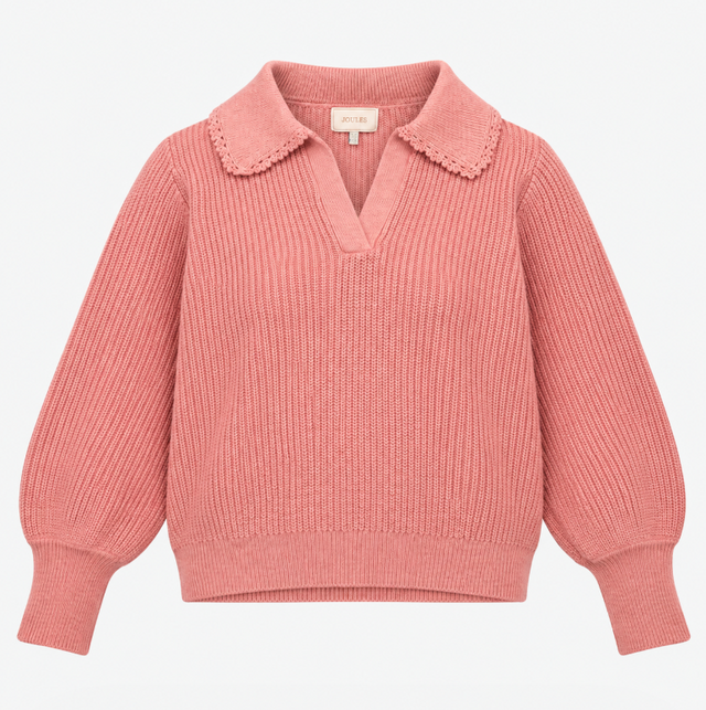 Dusky Pink Rib Knit Jumper with Crochet Collar