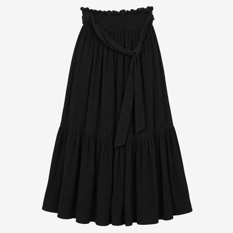 Shirred Tiered Midi Skirt Black 100% Viscose
