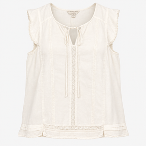Top Sleeveless V Neck Linen Blend White Embroidere