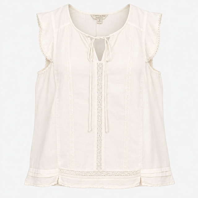 Top Sleeveless V Neck Linen Blend White Embroidere