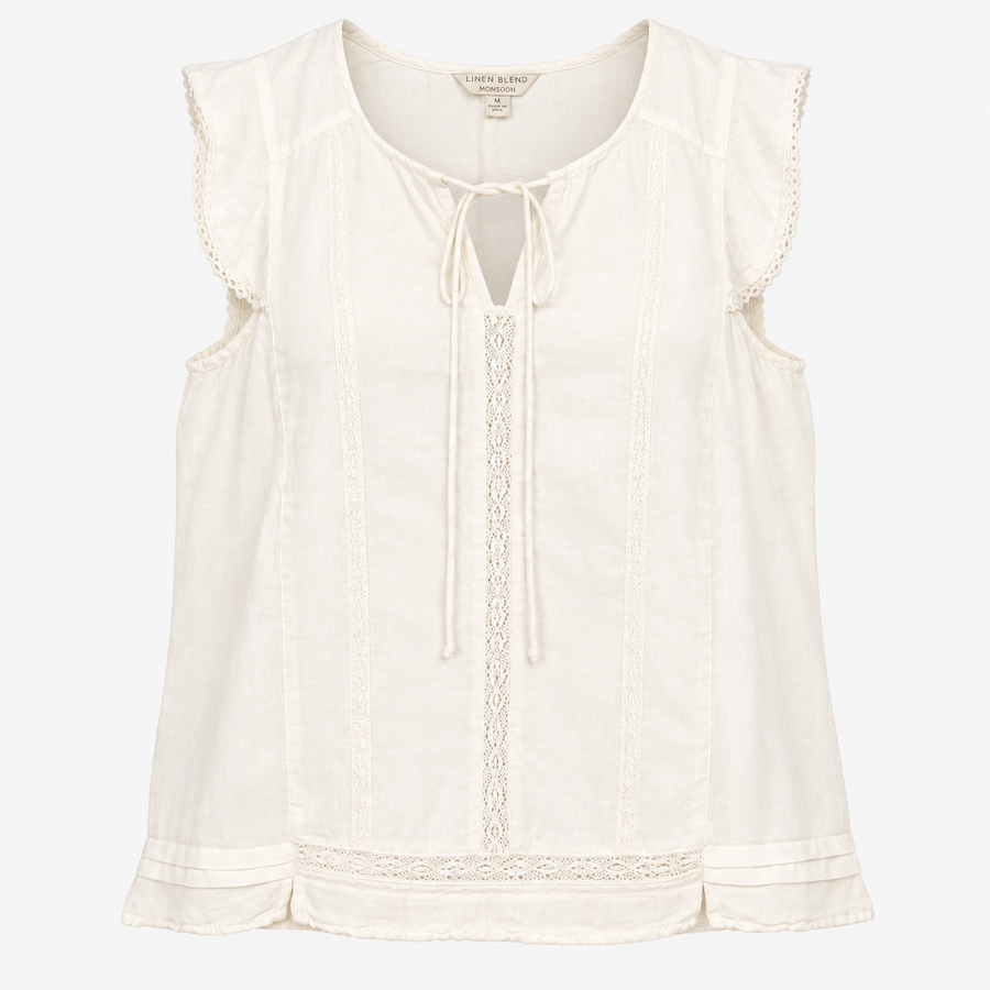 Top Sleeveless V Neck Linen Blend White Embroidere