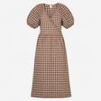 Dress Brown Check Gingham Wrap Midi Short Puff Sle