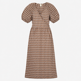 Dress Brown Check Gingham Wrap Midi Short Puff Sle