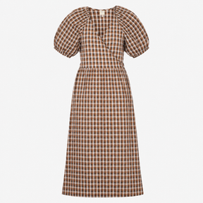 Dress Brown Check Gingham Wrap Midi Short Puff Sle